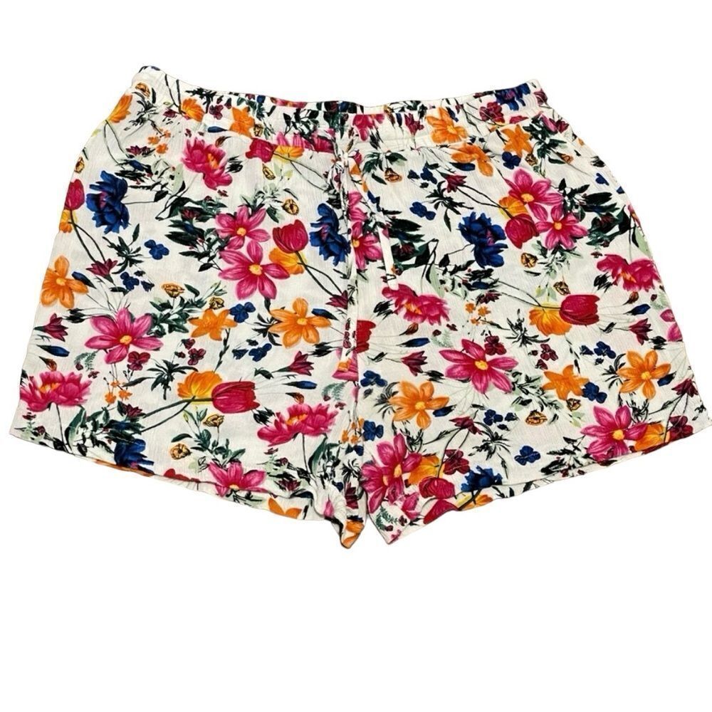 Robert Louis Floral High Waist Loose Fit Drawstring Shorts Pink Orange White XL